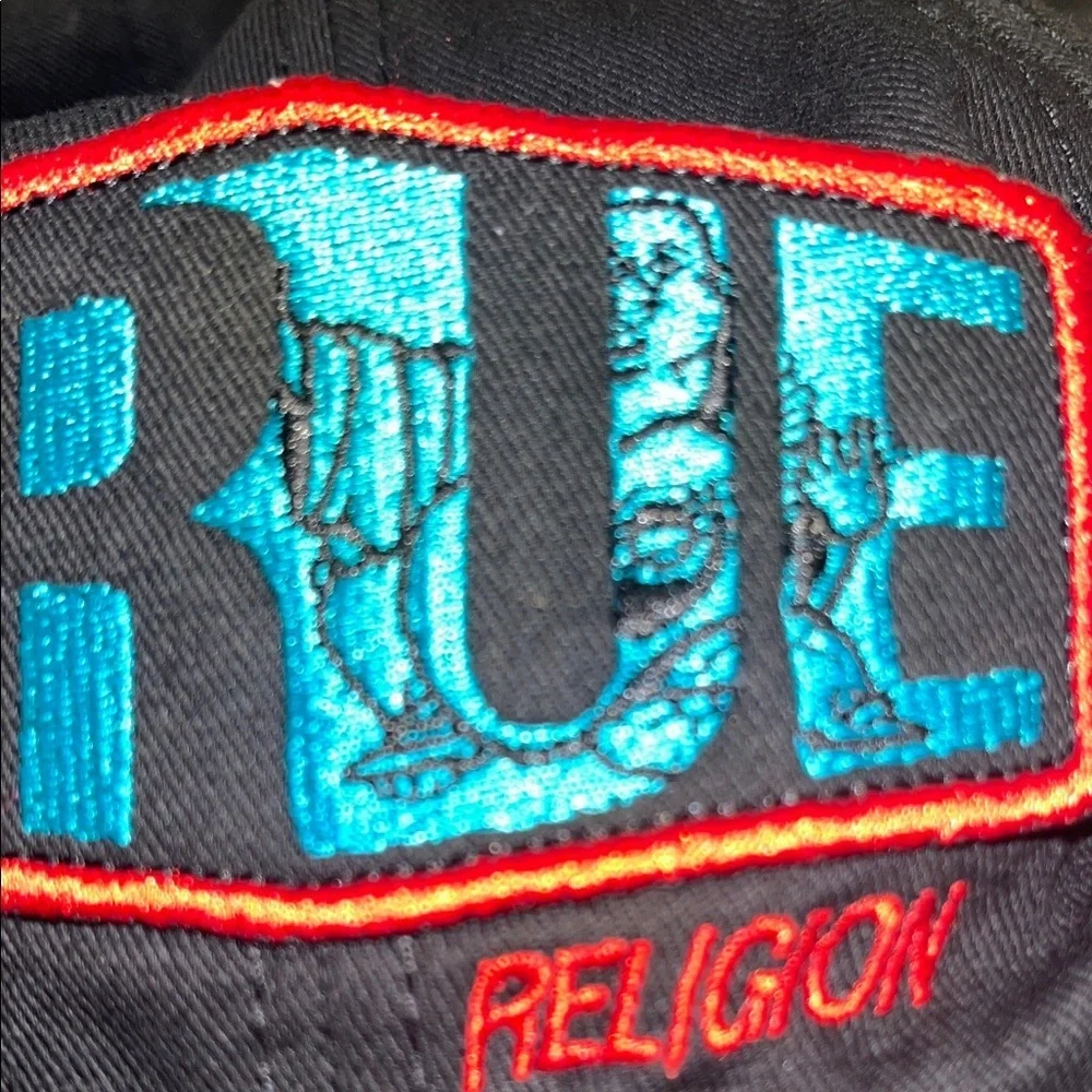 True Religion Black Hat with Blue and Red Details